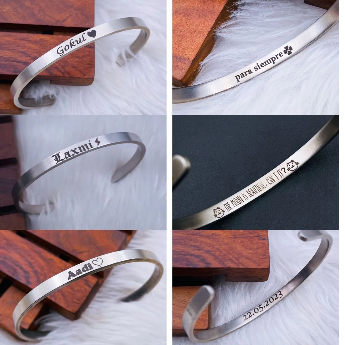 5mm Matte Finish 316 Surgical Stainless Steel Customized Personalised Laser Engraved Free Size Cuff Kada Bangle Bracelet Unisex