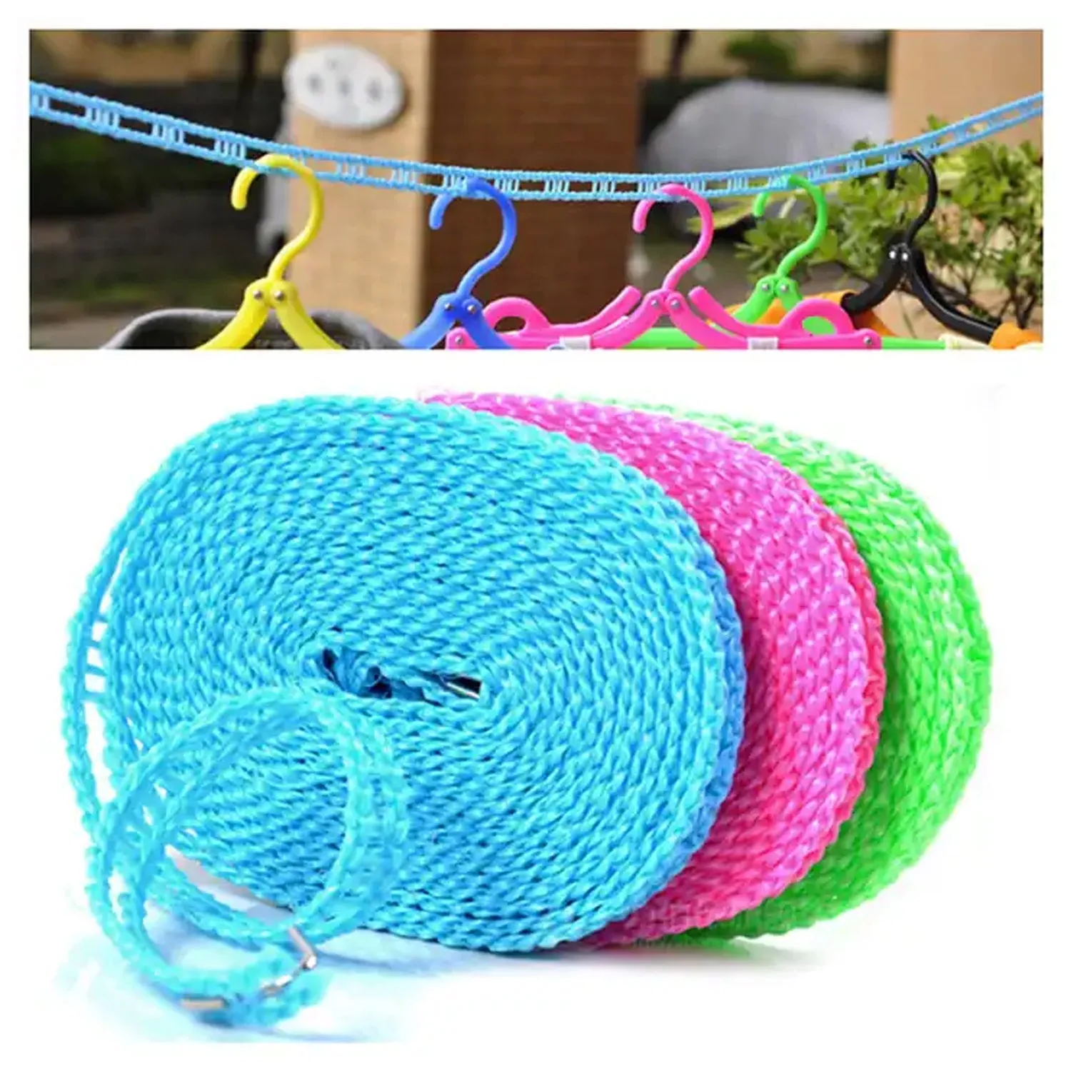 8861 3 Meters Fiber Rope Anti-Slip Clothes Washing Drying Nylon Rope Japan Style Rope with Hooks, Durable Camping Clothesline Portable Clothes Drying Line Indoor Outdoor Laundry Storage for Travel Home Use (3 Mtr.)