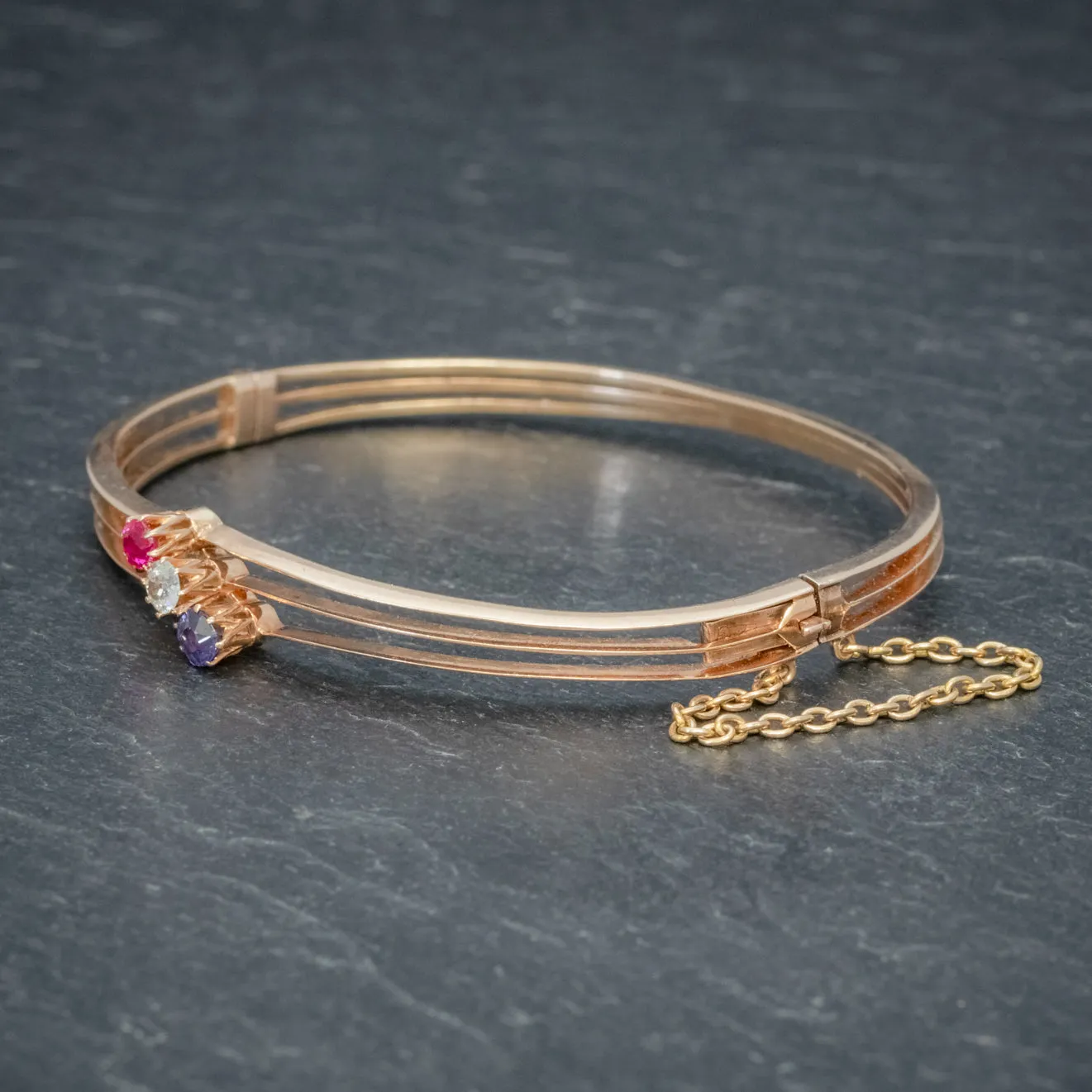 Antique Edwardian Diamond Sapphire Ruby Bangle 15Ct Rose Gold Circa 1910