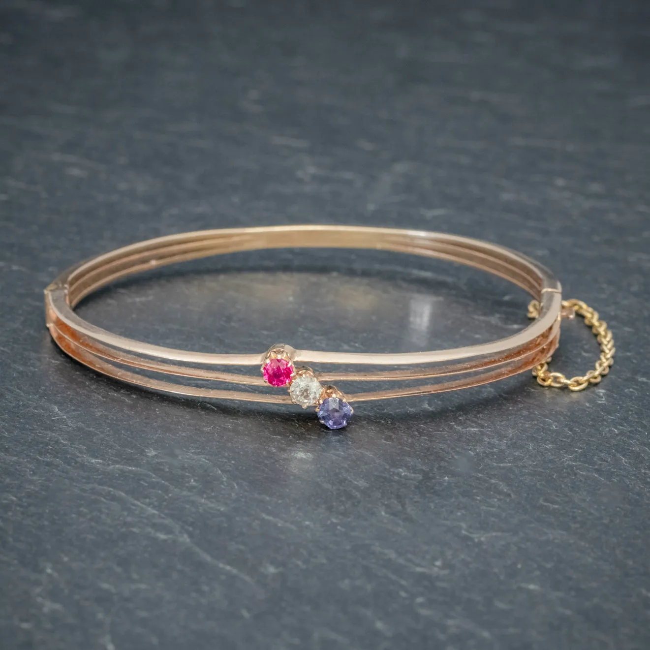 Antique Edwardian Diamond Sapphire Ruby Bangle 15Ct Rose Gold Circa 1910