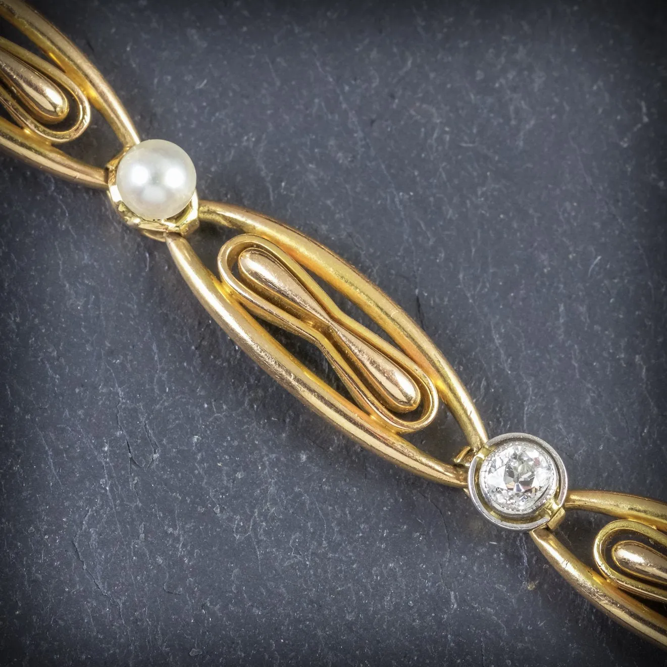 Antique Edwardian French Diamond Pearl Bracelet 18ct Gold