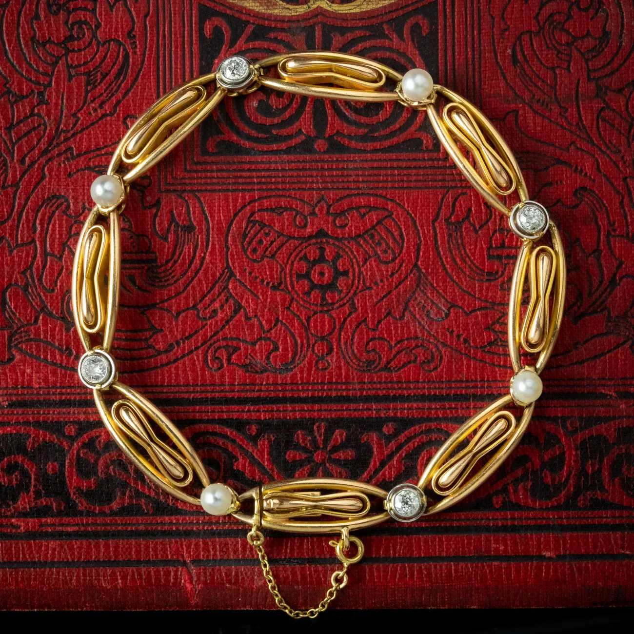 Antique Edwardian French Diamond Pearl Bracelet 18ct Gold