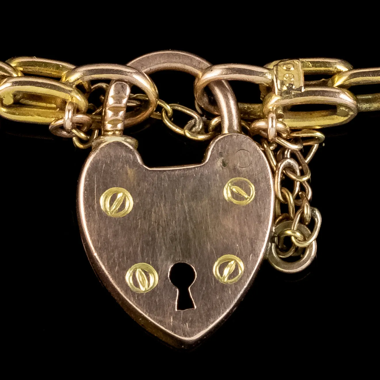 Antique Edwardian Heart Padlock Bracelet 9ct Gold Circa 1910