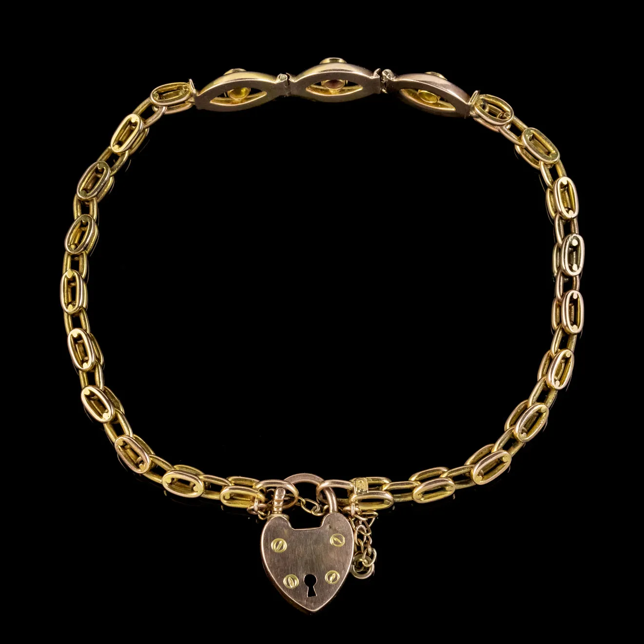 Antique Edwardian Heart Padlock Bracelet 9ct Gold Circa 1910