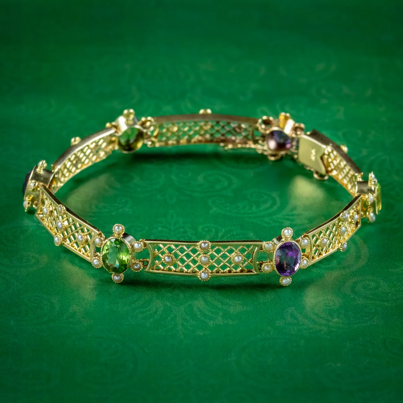 Antique Edwardian Suffragette Bracelet Amethyst Peridot Pearl Circa 1910