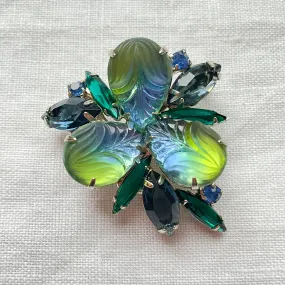 Beautiful Blue/Green Givre Art Glass Rhinestone Brooch