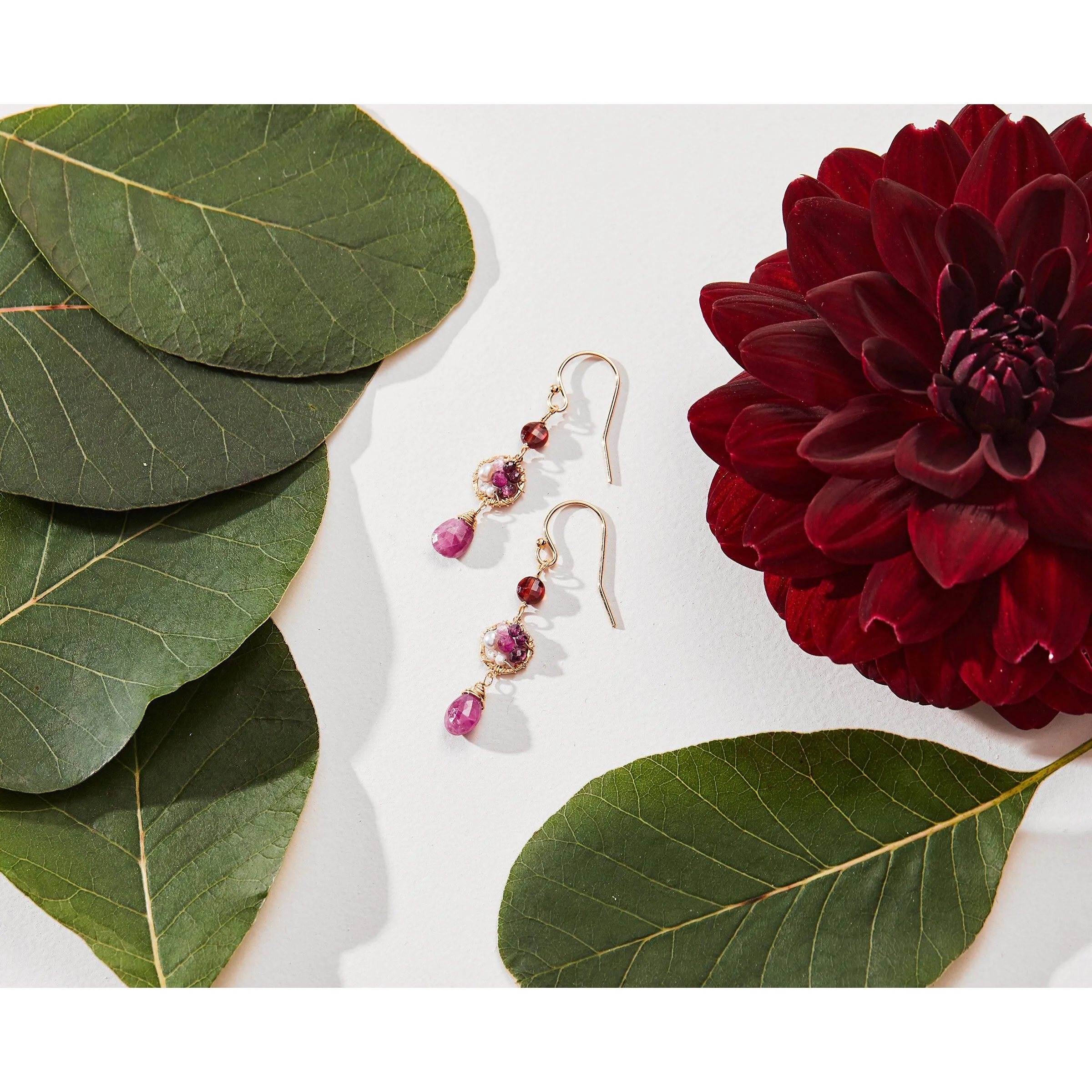 Berry Ombre Earrings 5157 with Ruby, Pink Sapphire, Rhodalite Garnet, and Pearl by Michelle Pressler Jewelry