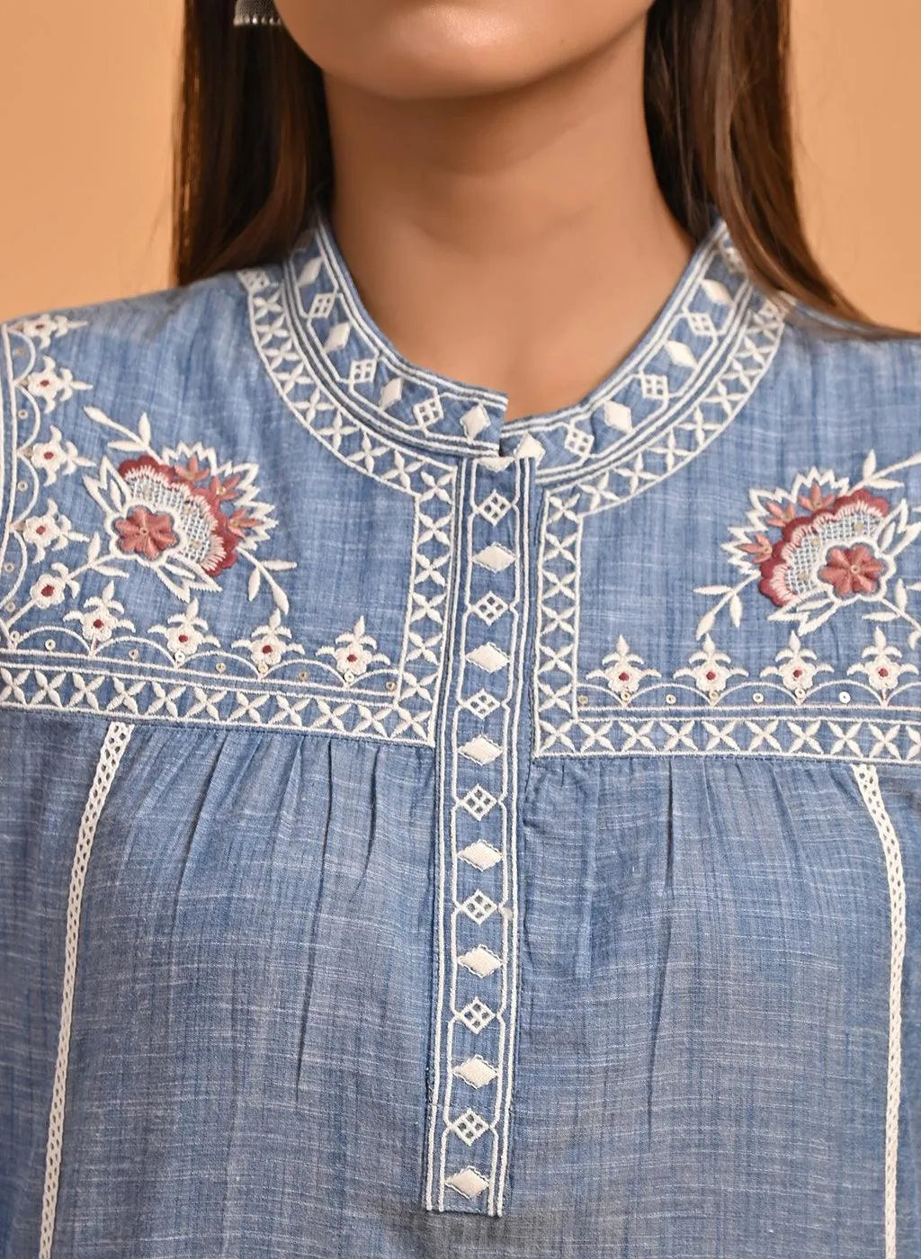 Blue Embroidered Slub Tunic