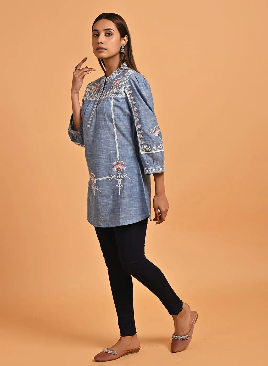 Blue Embroidered Slub Tunic