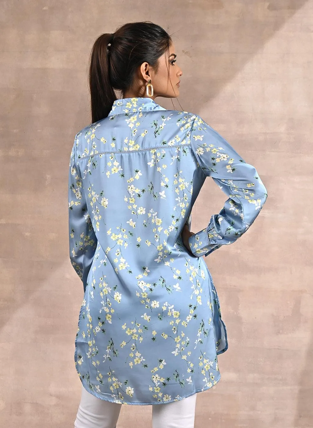 Blue Satin Shirt with Floral Print & Round Hem