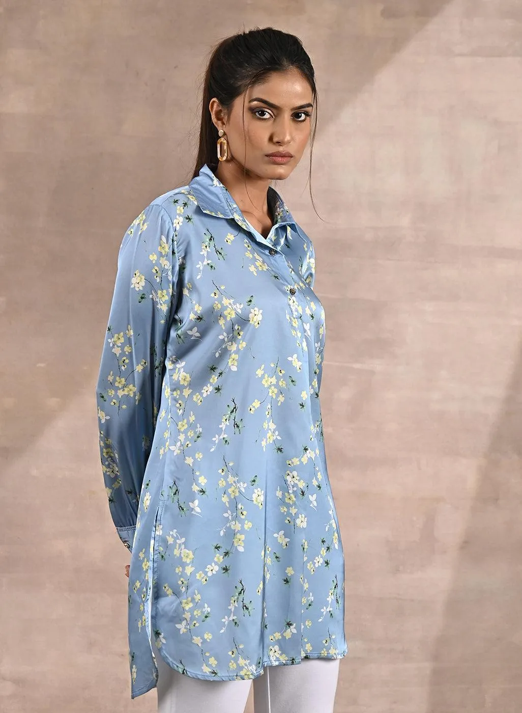 Blue Satin Shirt with Floral Print & Round Hem