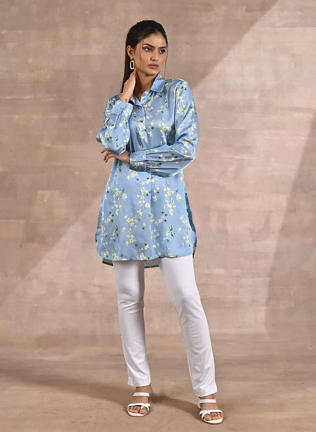 Blue Satin Shirt with Floral Print & Round Hem