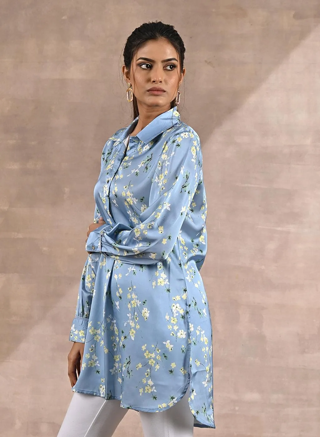 Blue Satin Shirt with Floral Print & Round Hem