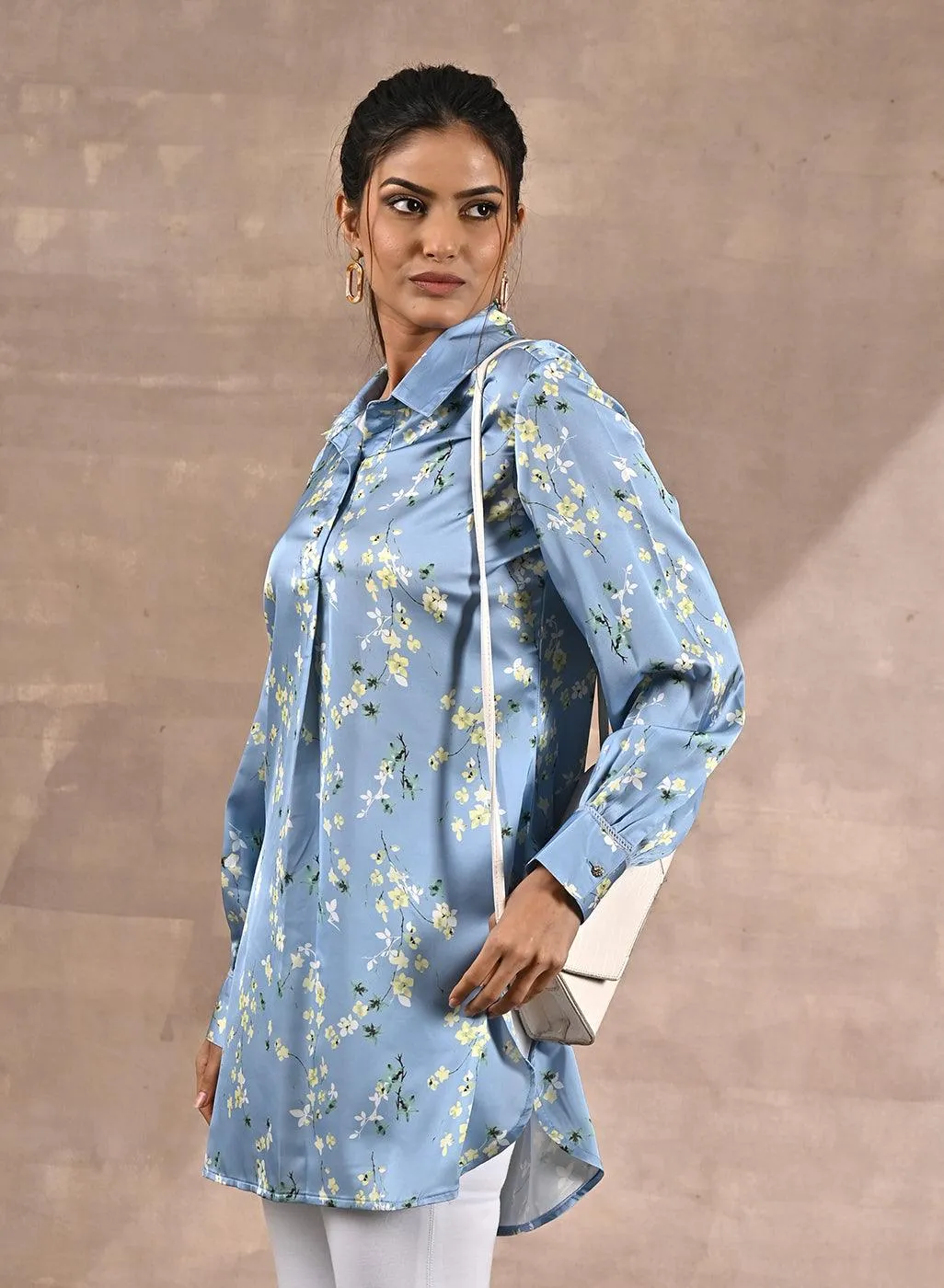 Blue Satin Shirt with Floral Print & Round Hem