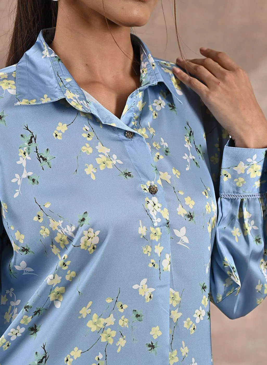 Blue Satin Shirt with Floral Print & Round Hem