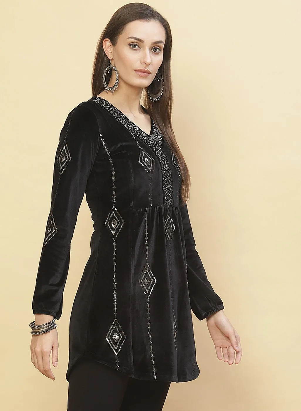 Charcoal Black Embroidered Velvet Tunic With Sequins