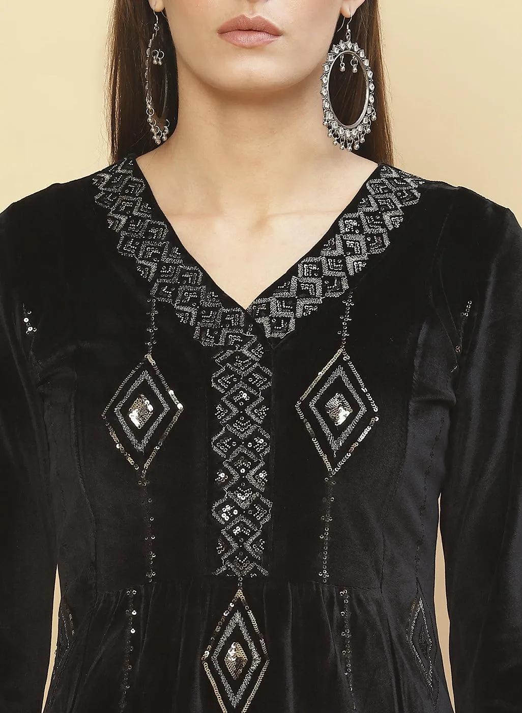 Charcoal Black Embroidered Velvet Tunic With Sequins