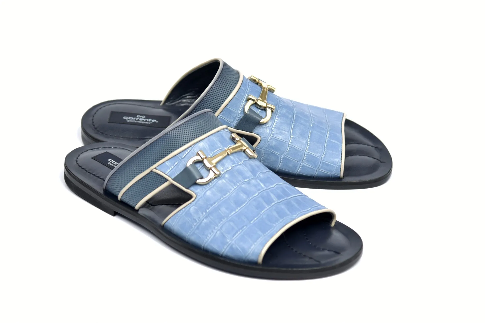 Corrente Crocodile Printed Calfskin Sandal Blue