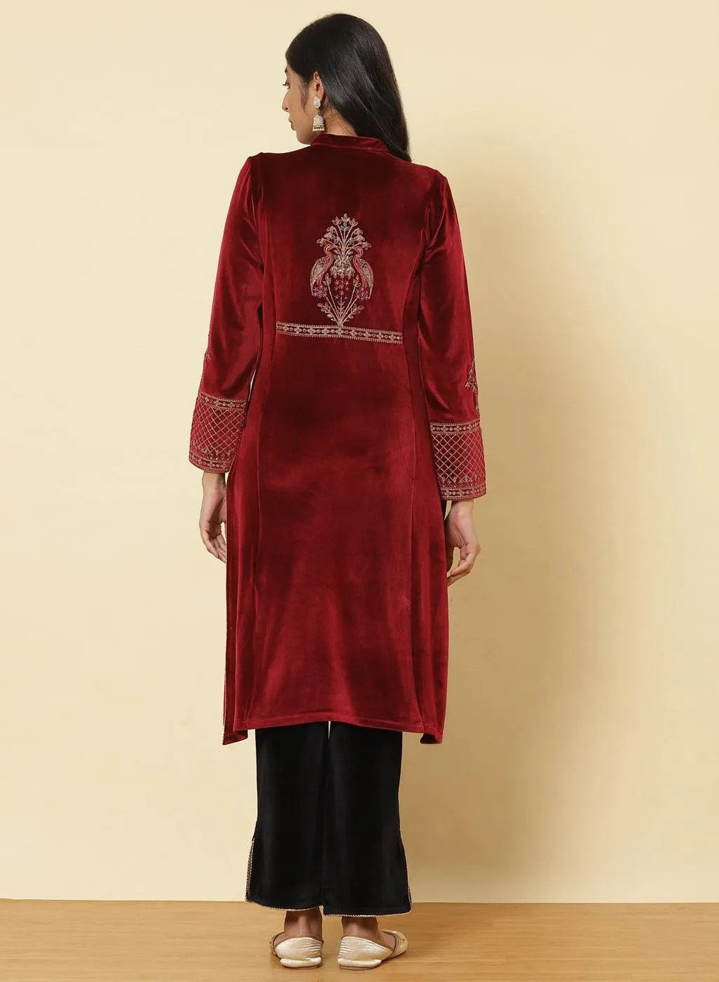 Dark Maroon Embroidered Velvet Kurti