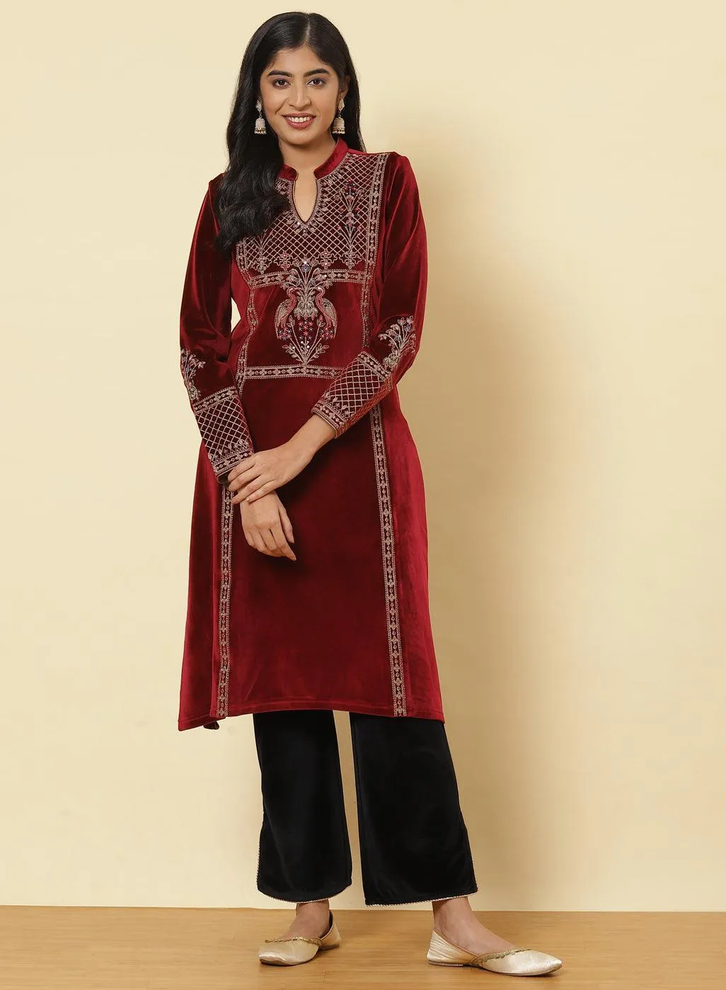 Dark Maroon Embroidered Velvet Kurti