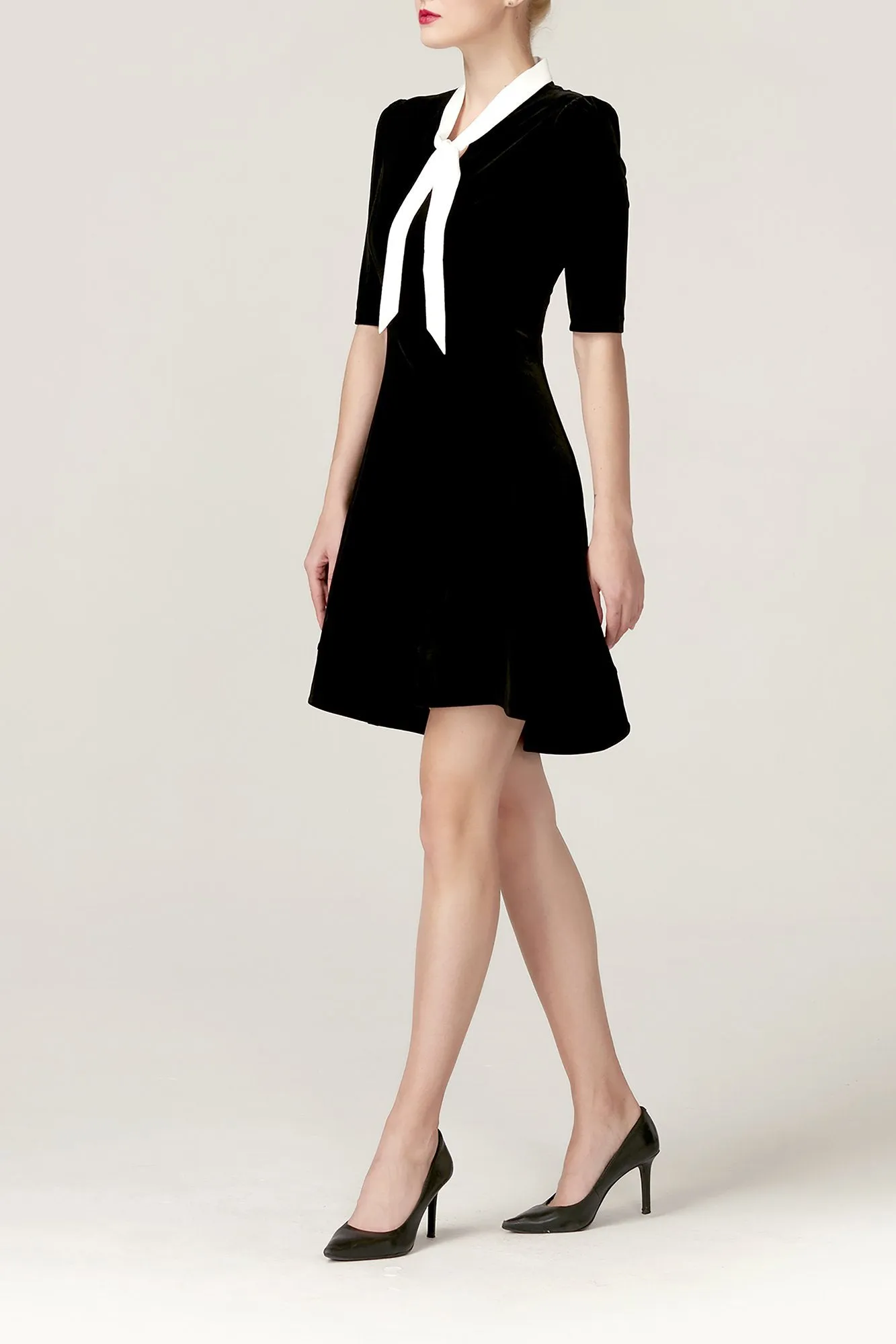 DL Forever Young Jessica Stretchy Velvet Dress - with White Neck Tie