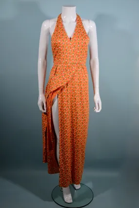 Geoffrey Beene Boutique 1970s Halter Maxi Dress, Slit Skirt Belt S