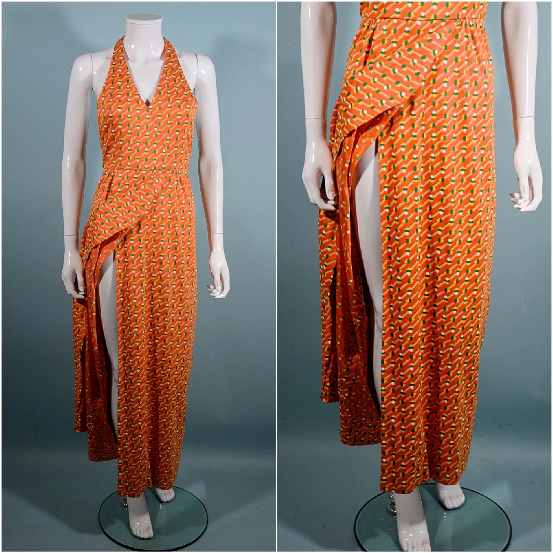 Geoffrey Beene Boutique 1970s Halter Maxi Dress, Slit Skirt Belt S