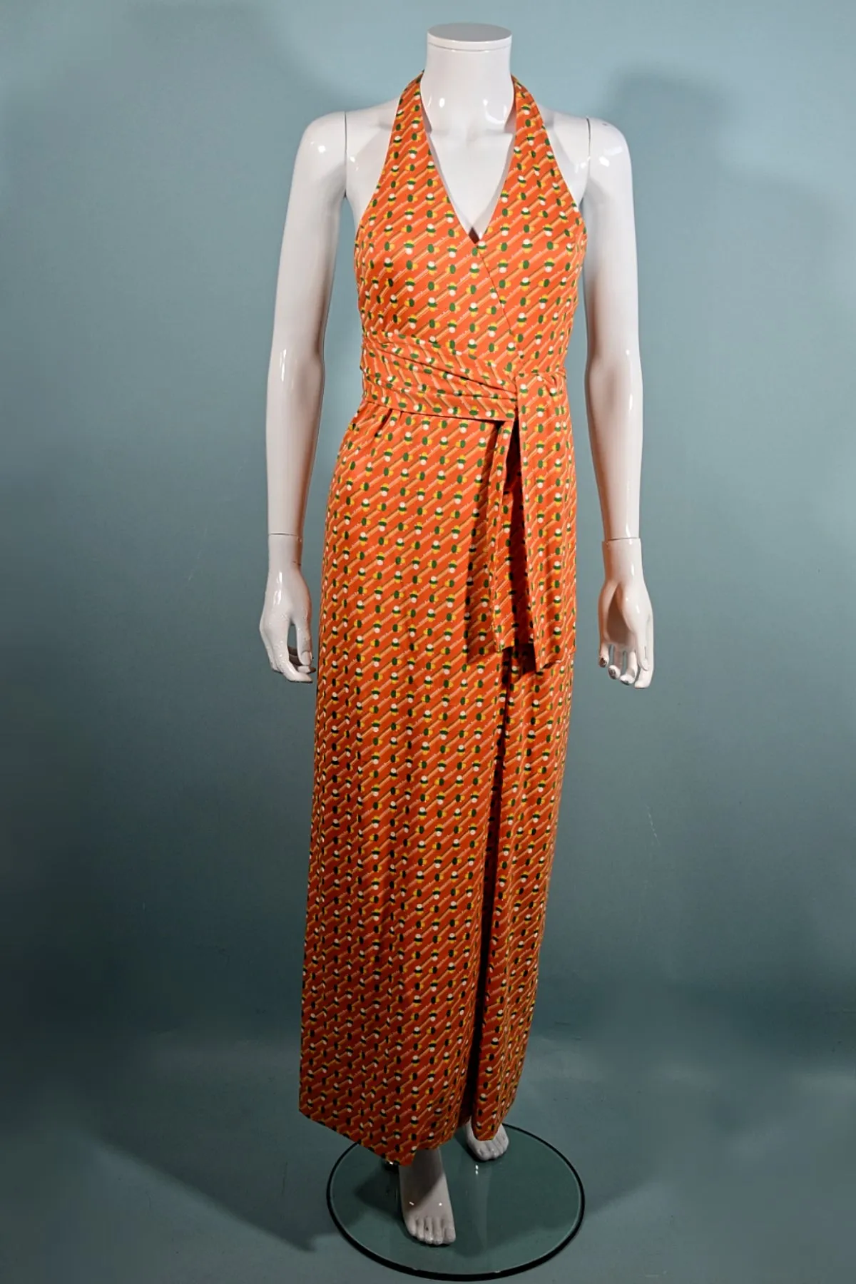 Geoffrey Beene Boutique 1970s Halter Maxi Dress, Slit Skirt Belt S