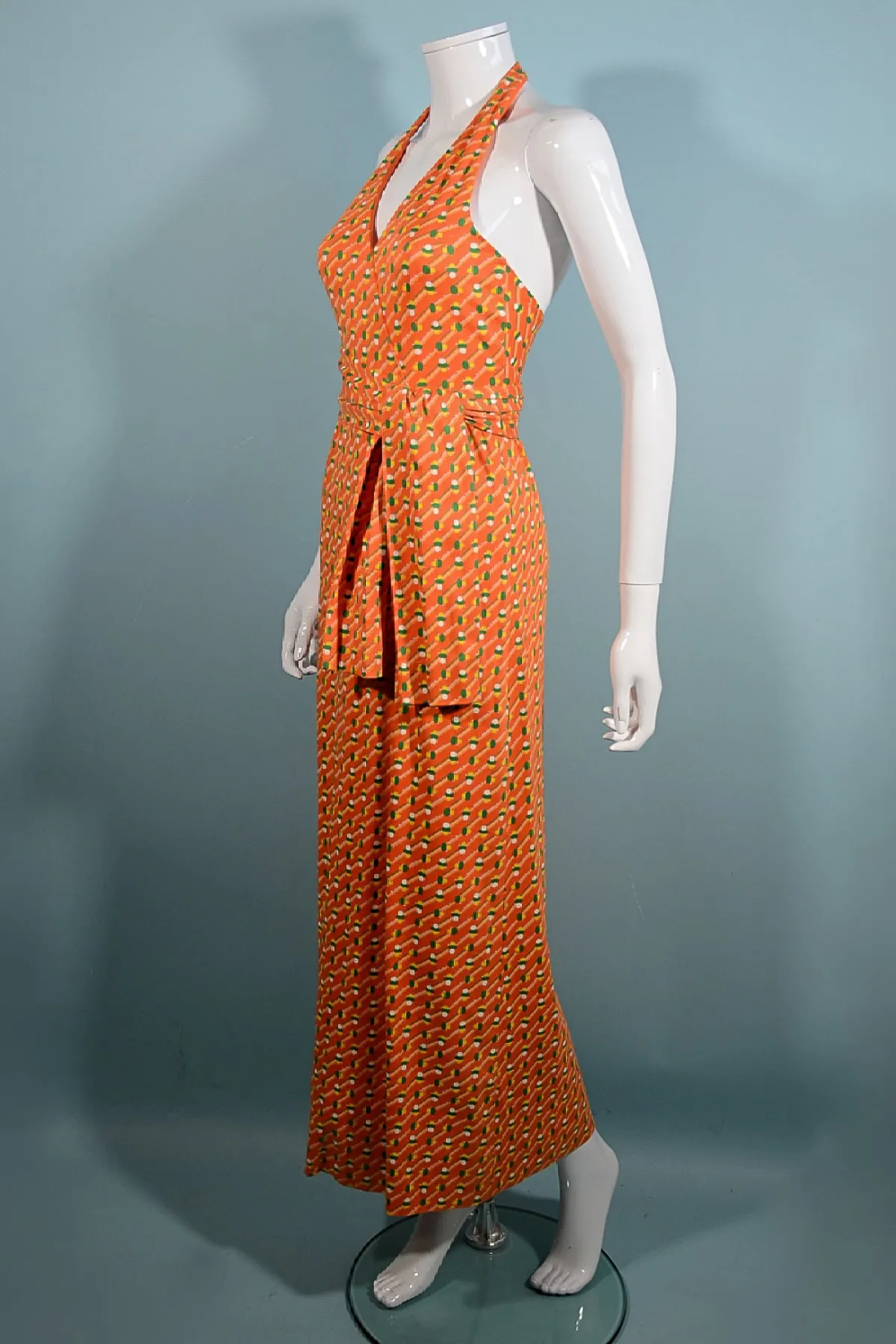 Geoffrey Beene Boutique 1970s Halter Maxi Dress, Slit Skirt Belt S