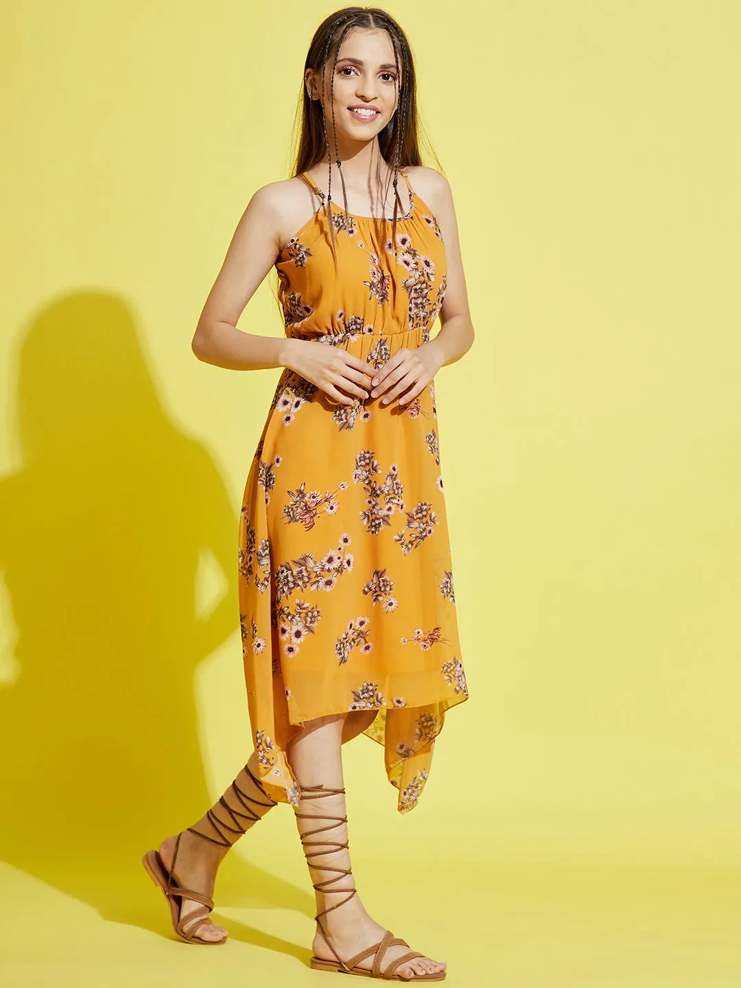 Girls Mustard Floral Strappy Dress