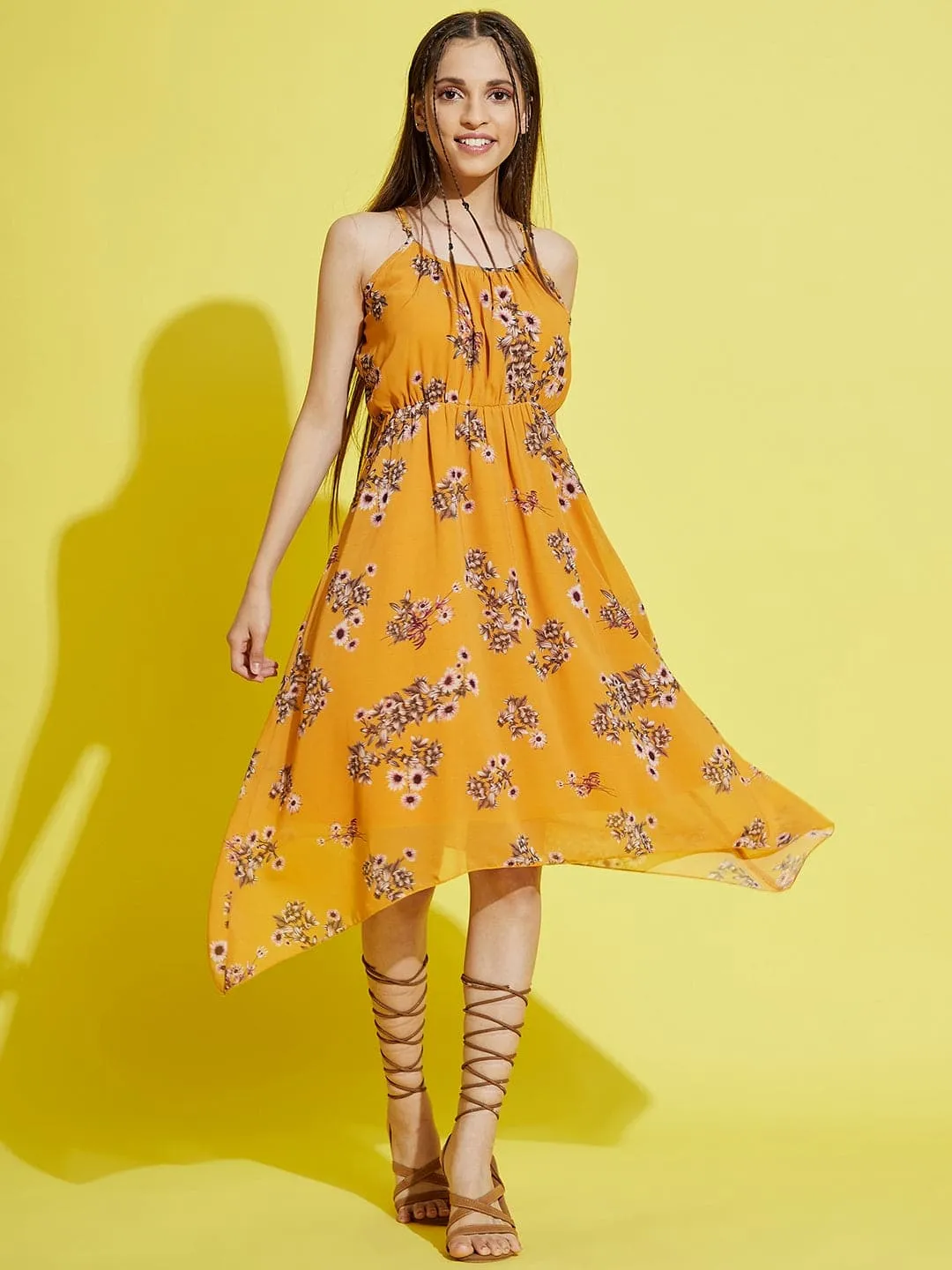 Girls Mustard Floral Strappy Dress