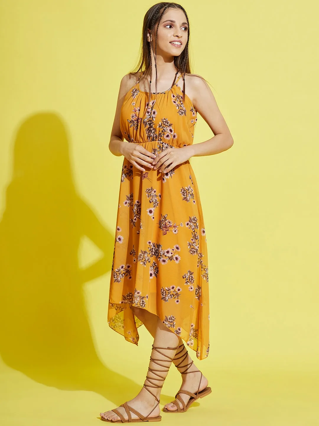 Girls Mustard Floral Strappy Dress