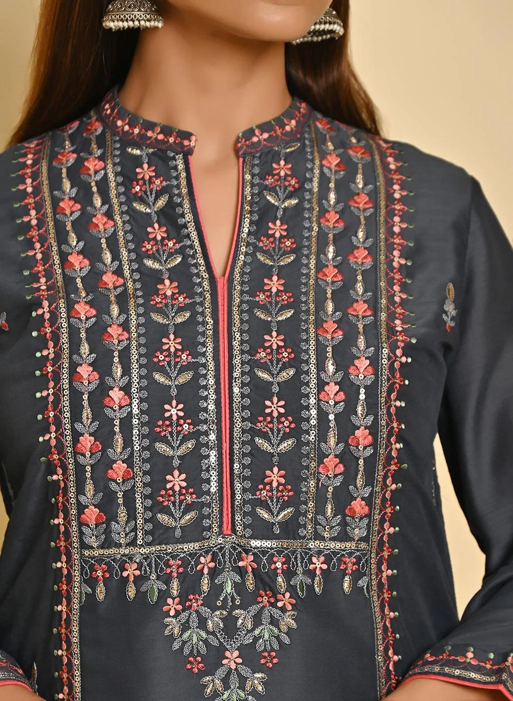 Grey Embroidered Thigh-length Kurti with 3/4th Sleeves