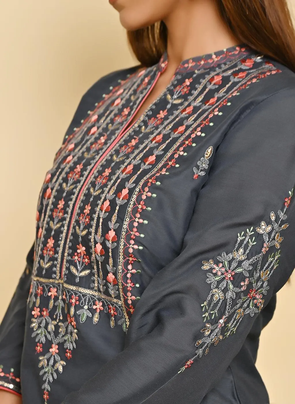 Grey Embroidered Thigh-length Kurti with 3/4th Sleeves