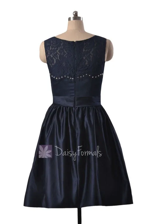 In stock,Ready to Ship -Short Beaded Navy Satin Bridesmaid Dress W/Illusion Neckline(BM2422A) - (#35 Navy)