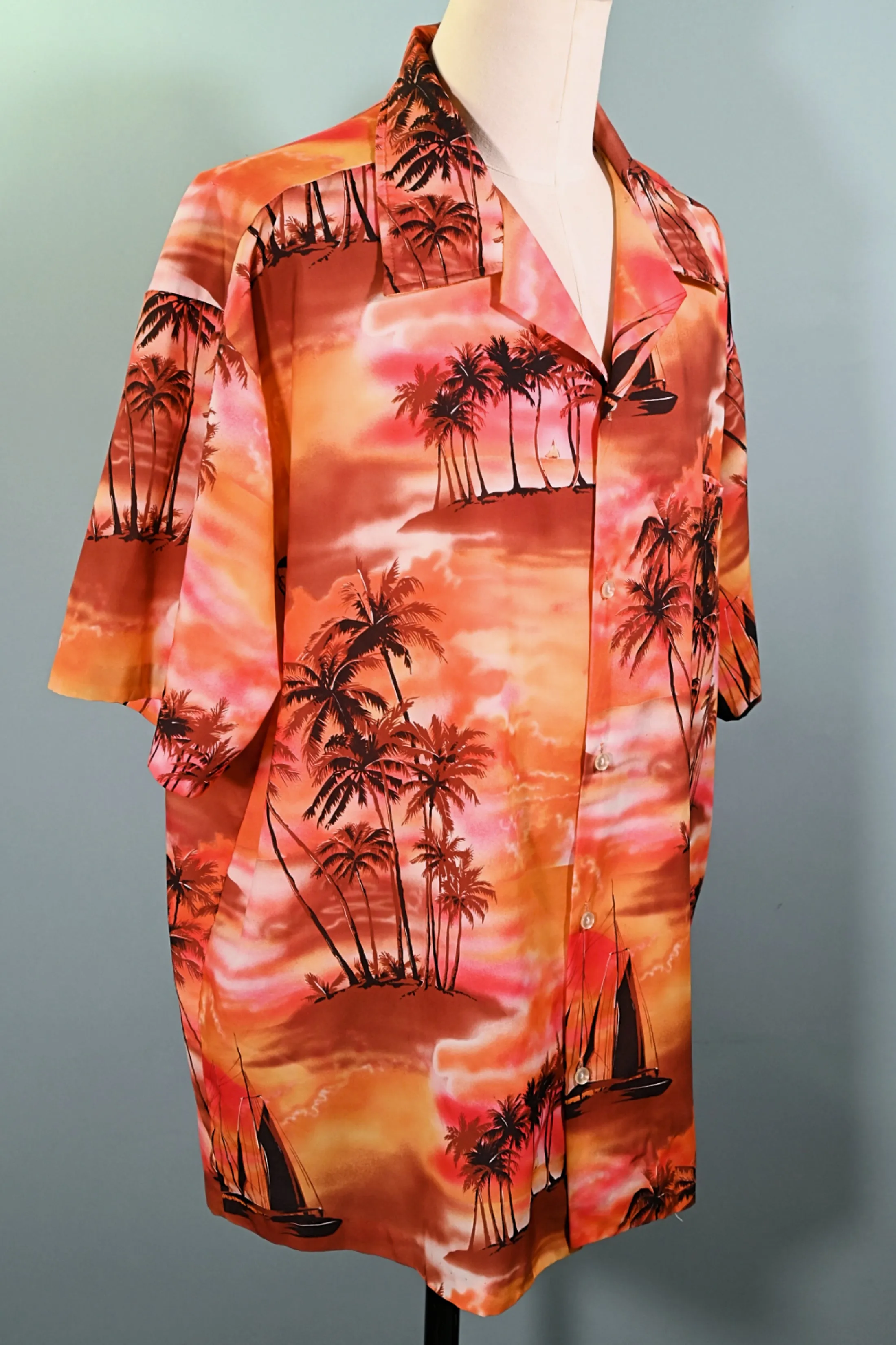 Kai Nani Vintage 70s Hawaiian Shirt, Bright Sunset Silhouette Aloha Shirt 2-3XL