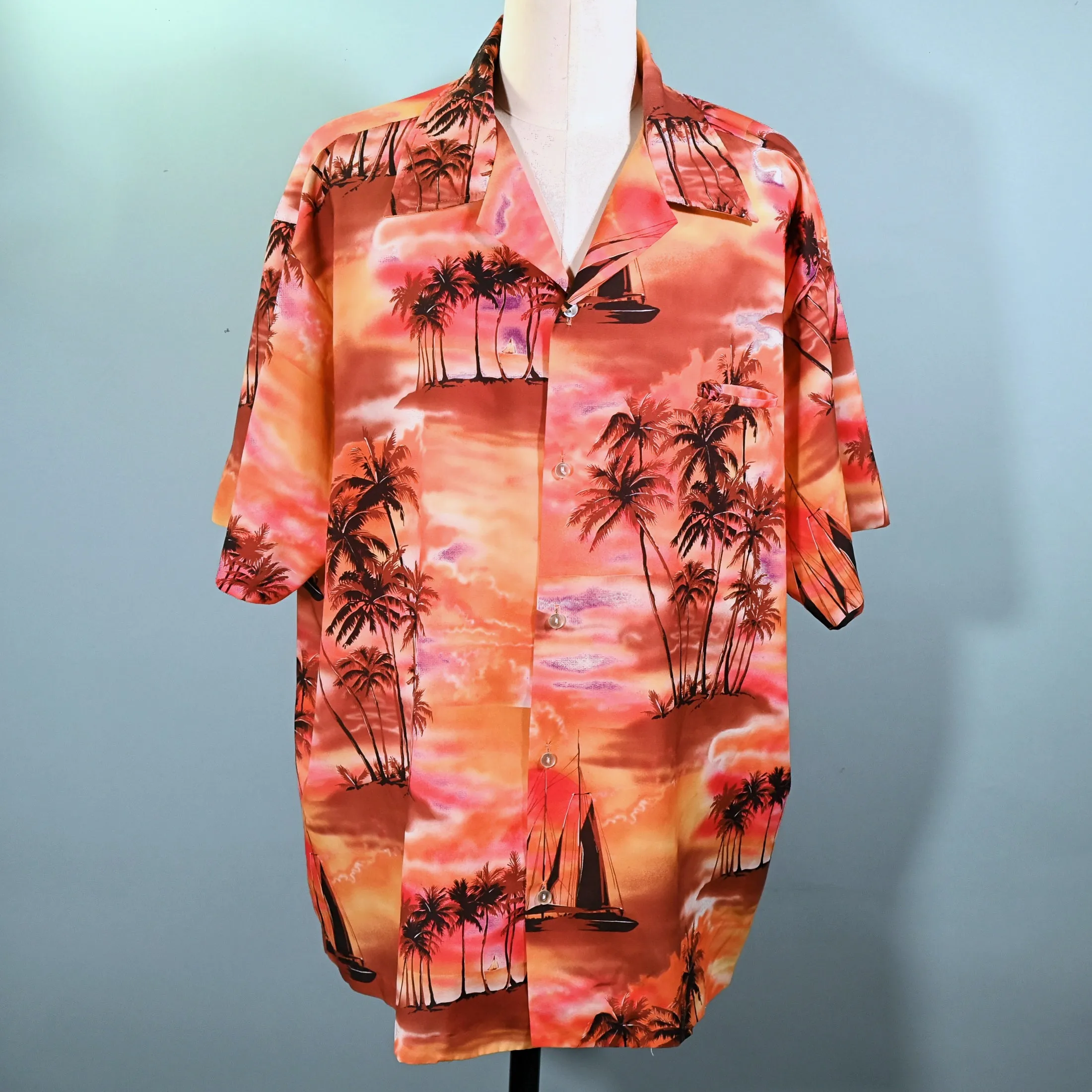 Kai Nani Vintage 70s Hawaiian Shirt, Bright Sunset Silhouette Aloha Shirt 2-3XL