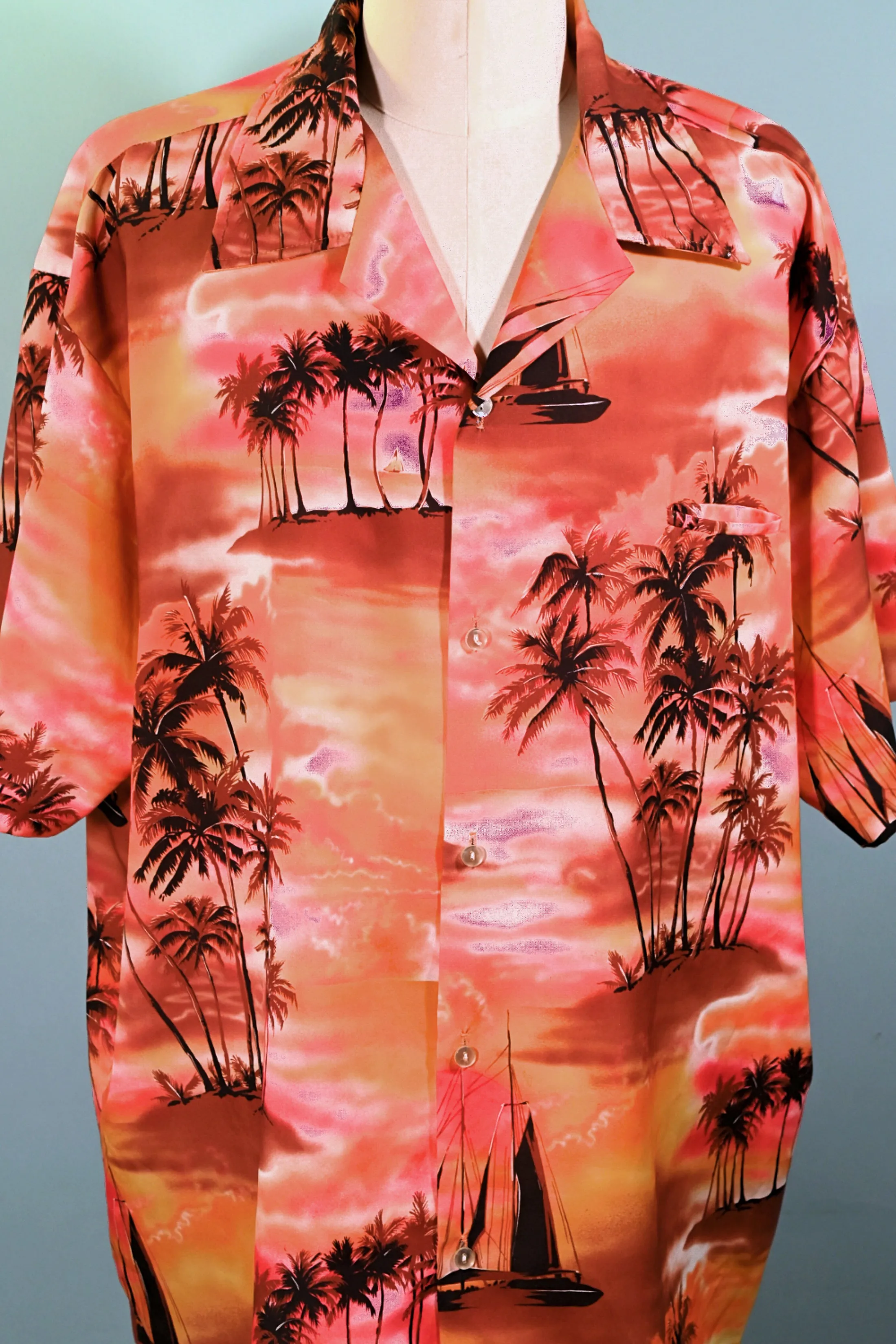 Kai Nani Vintage 70s Hawaiian Shirt, Bright Sunset Silhouette Aloha Shirt 2-3XL