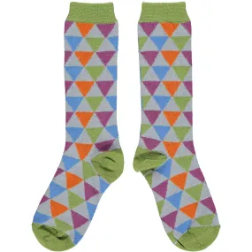 Kids Organic Cotton Knee Socks - Green Triangles - AGE 2-4 or 5-8 YEARS