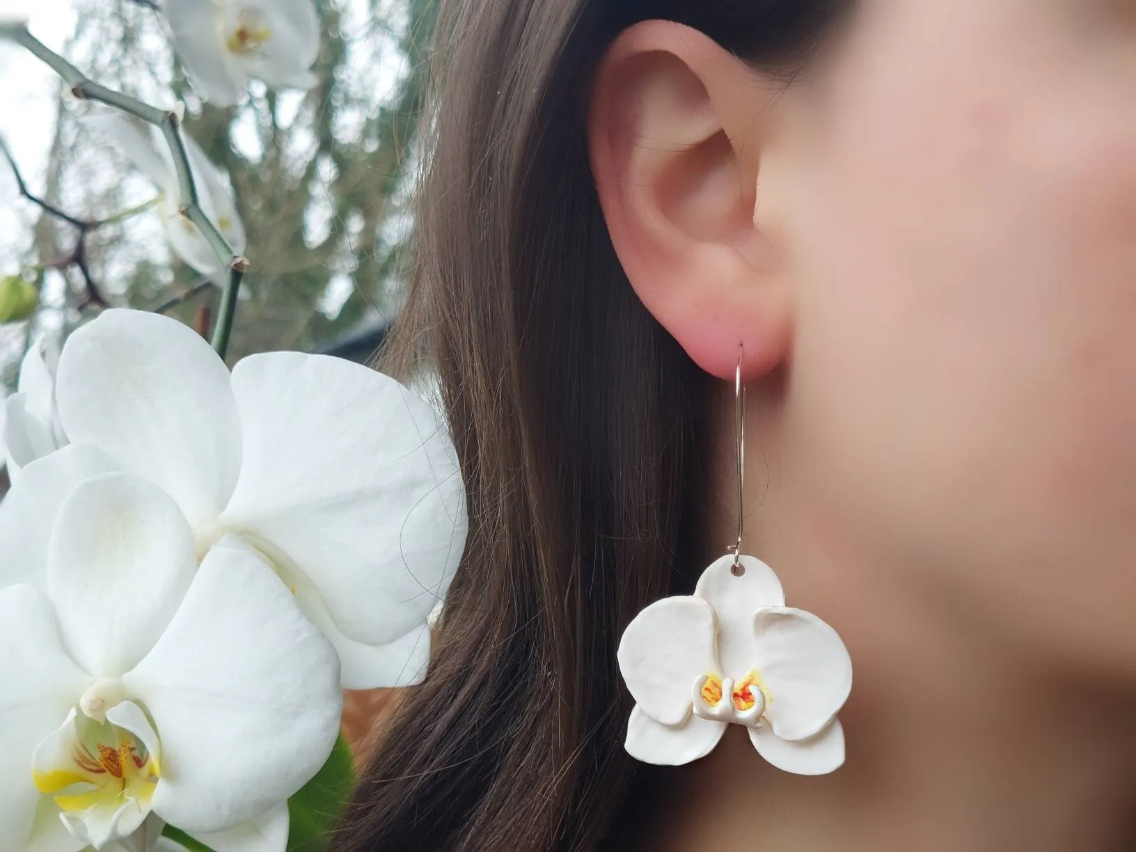 Large Orchid Dangles| polymer clay earrings | orchid earrings | Irish made earrings | Dúil | Irish jewellery | flower earrings