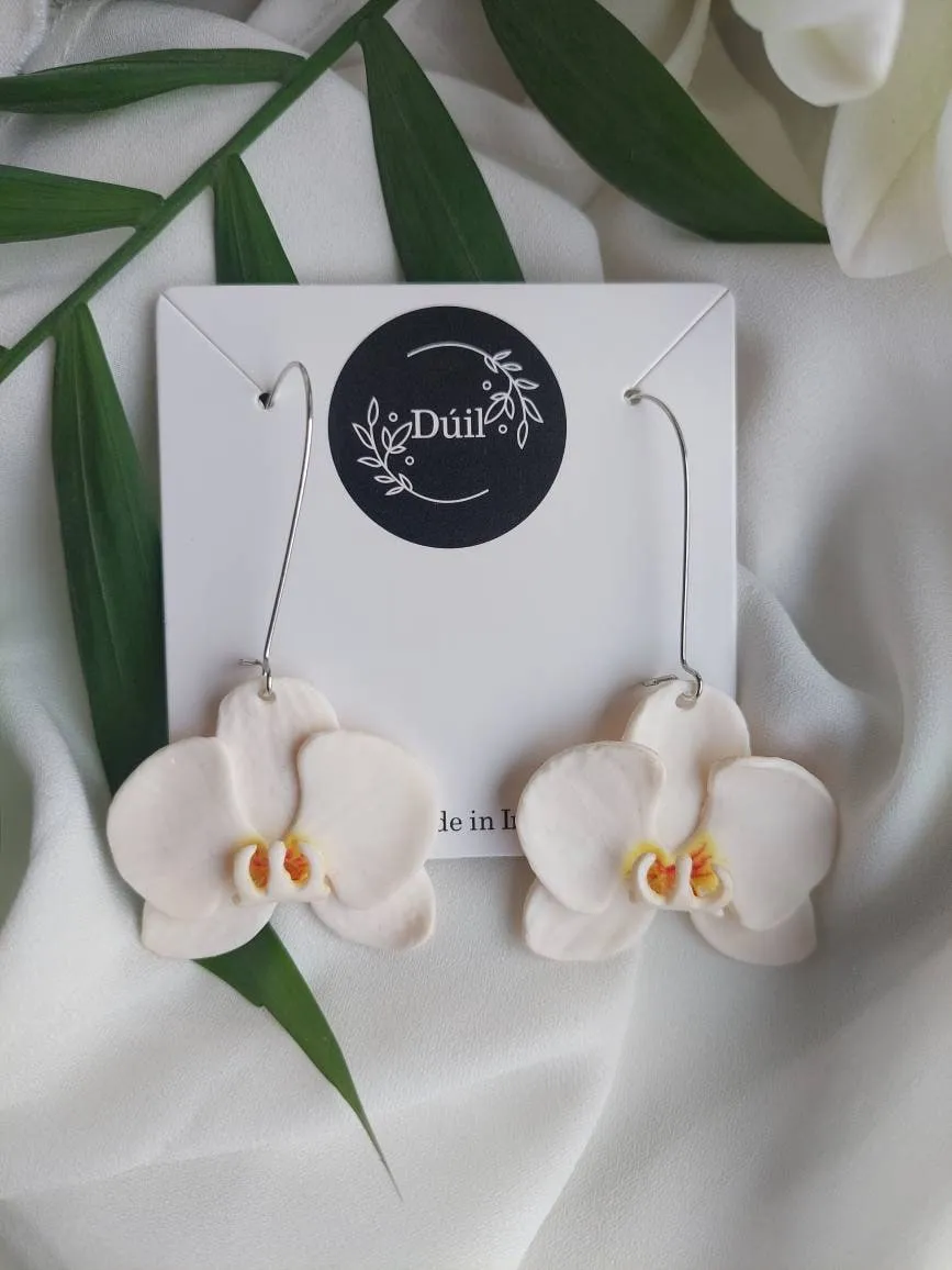 Large Orchid Dangles| polymer clay earrings | orchid earrings | Irish made earrings | Dúil | Irish jewellery | flower earrings