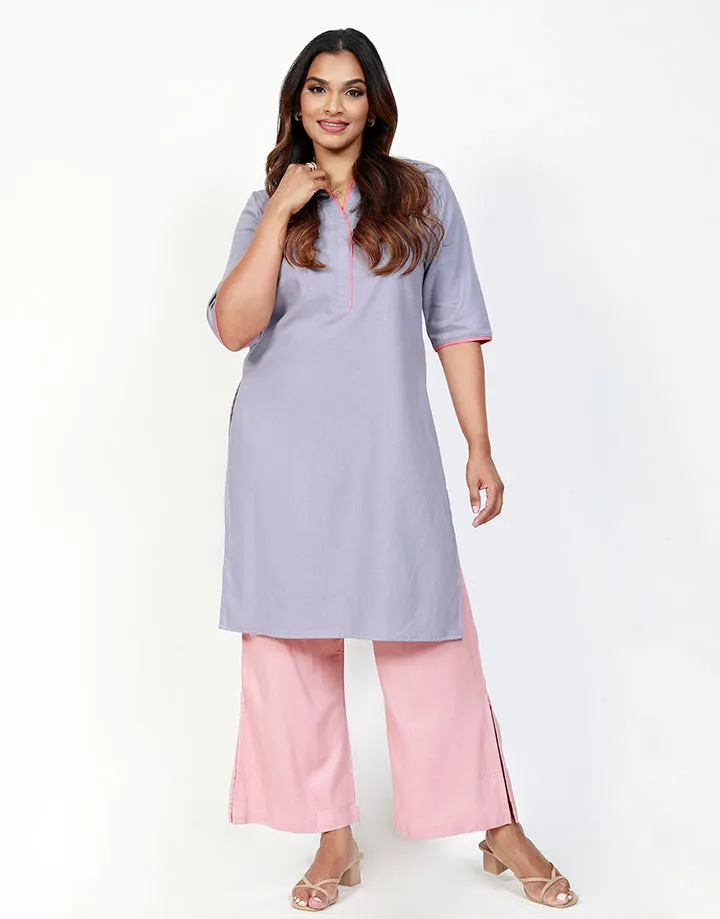 Linen ¾ Sleeves Kurtha with Piping Details