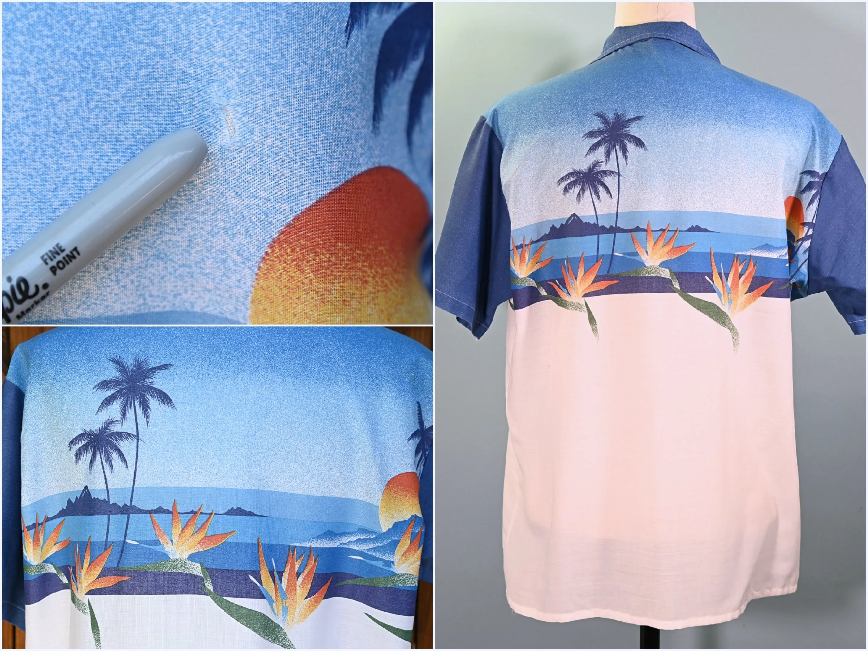 Oceanaire Vintage 70s Hawaiian Shirt, Bird of Paradise Palm Trees Sun Silhouette Aloha Shirt XL