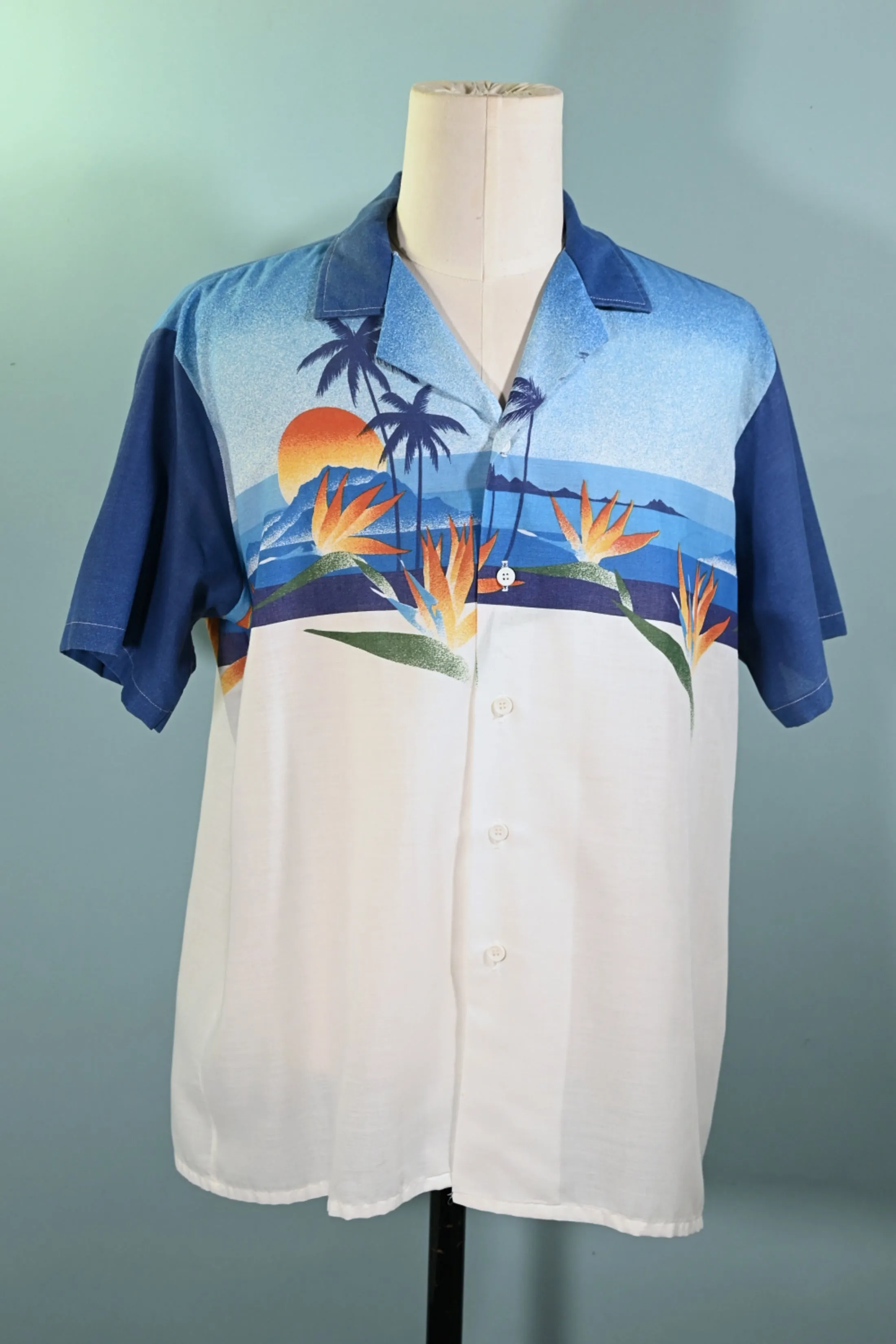 Oceanaire Vintage 70s Hawaiian Shirt, Bird of Paradise Palm Trees Sun Silhouette Aloha Shirt XL