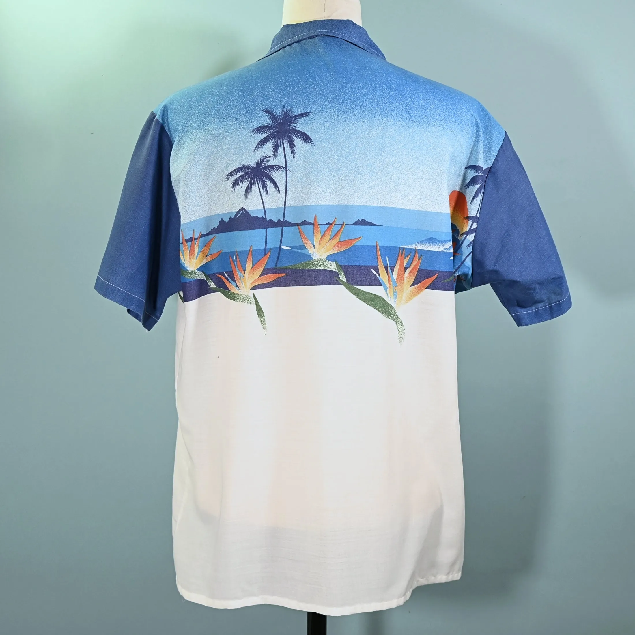 Oceanaire Vintage 70s Hawaiian Shirt, Bird of Paradise Palm Trees Sun Silhouette Aloha Shirt XL