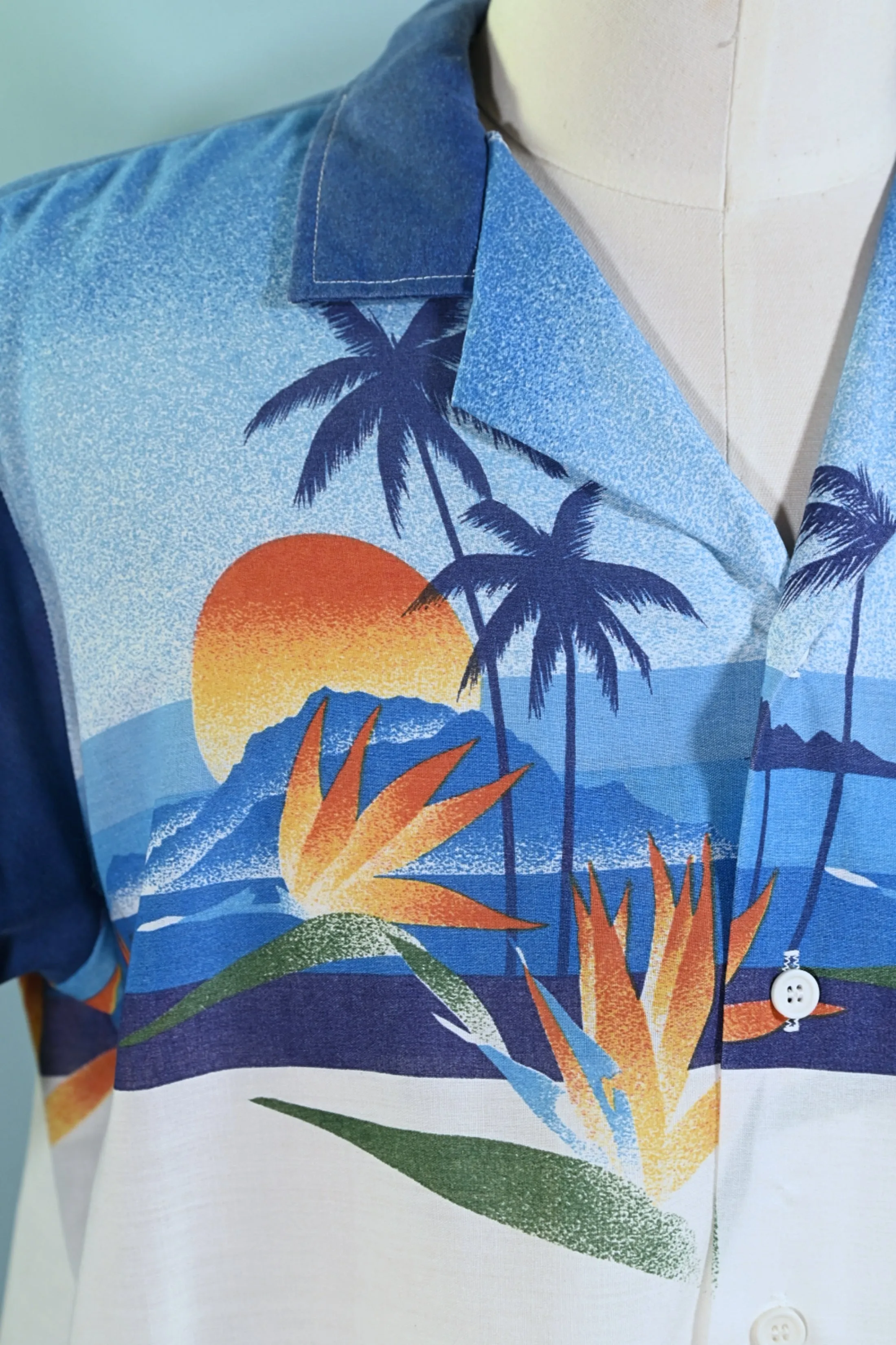 Oceanaire Vintage 70s Hawaiian Shirt, Bird of Paradise Palm Trees Sun Silhouette Aloha Shirt XL