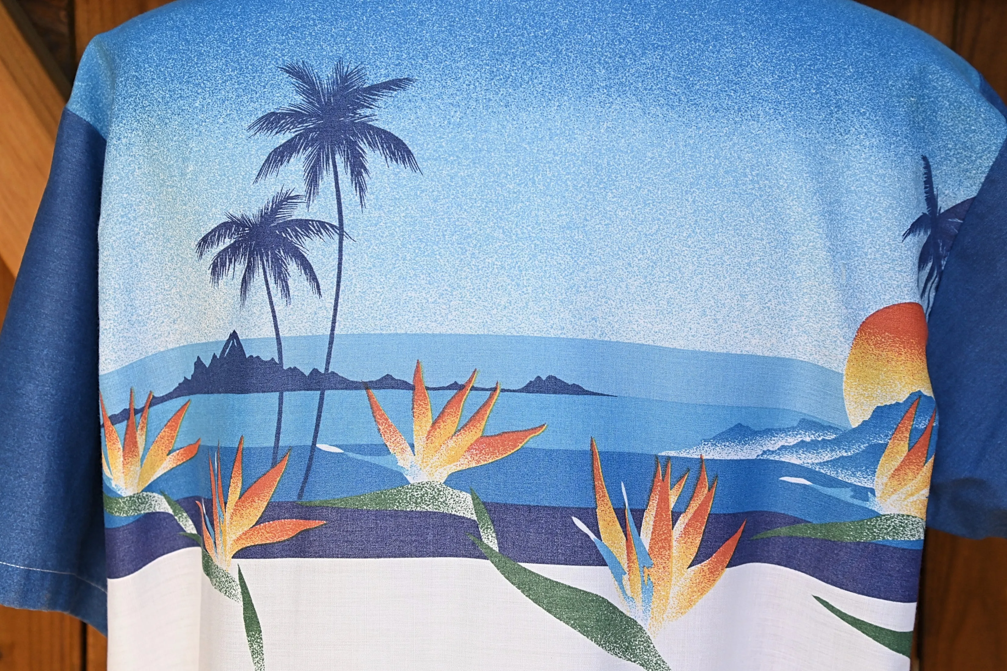 Oceanaire Vintage 70s Hawaiian Shirt, Bird of Paradise Palm Trees Sun Silhouette Aloha Shirt XL