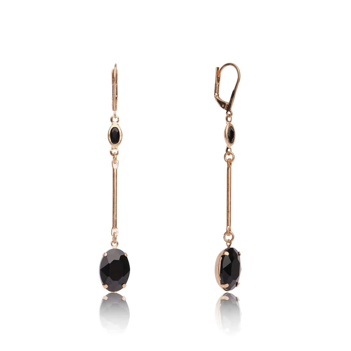 Oval Stone Earrings: Long Drop Black Oval Stone Earrings