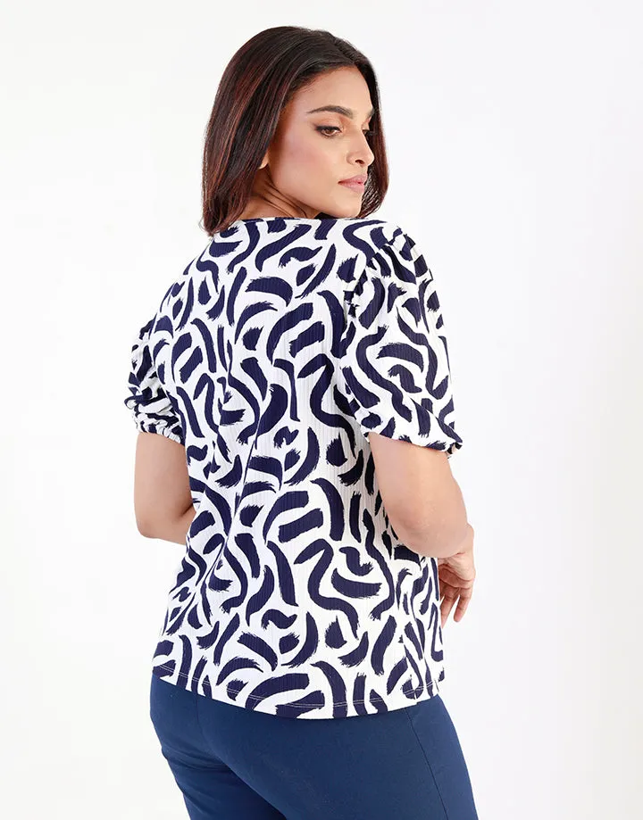 Printed V-Neck Top with Puff Sleeves