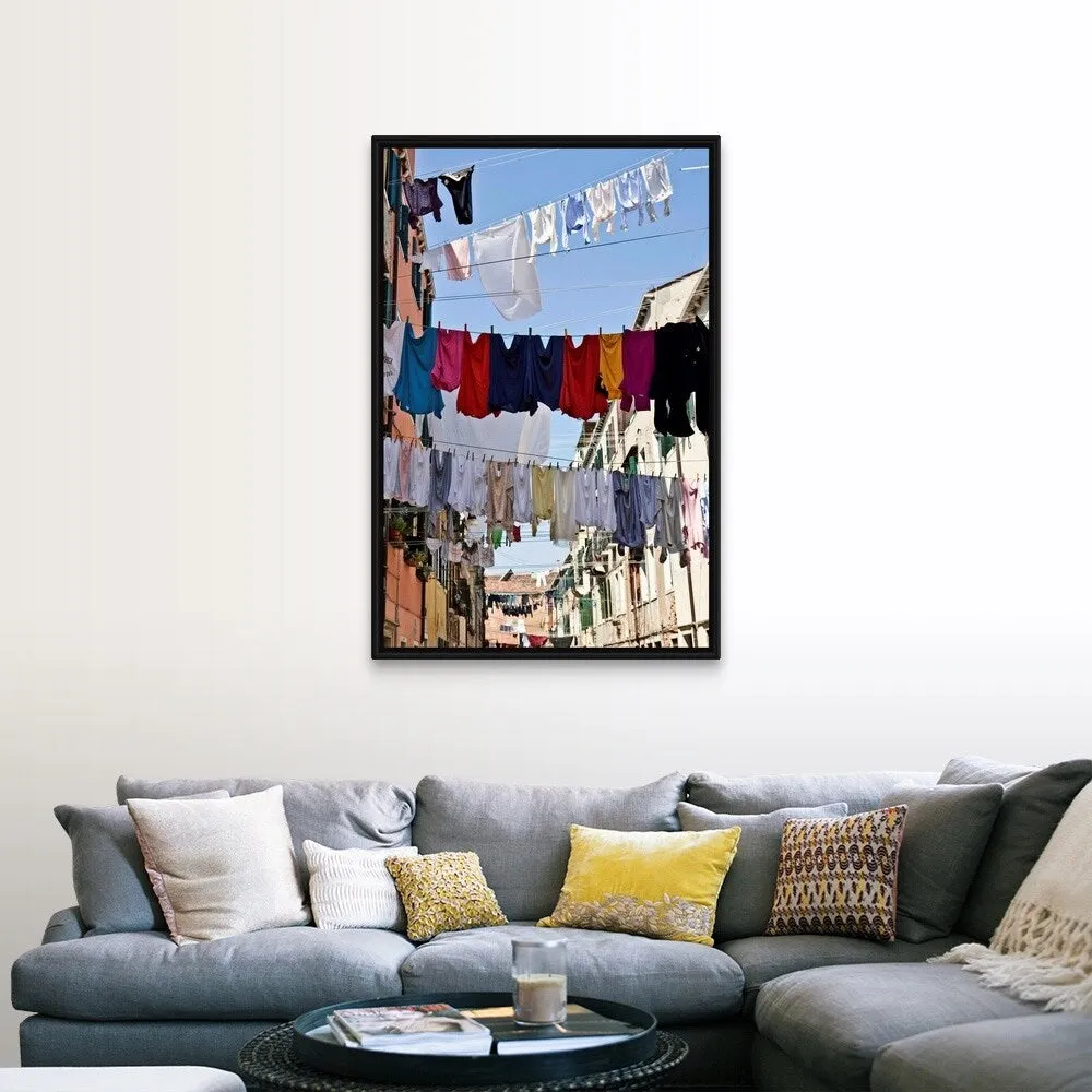 "Clotheslines hanging from apartments in Venice, Italy" Black Float Frame Canvas Art